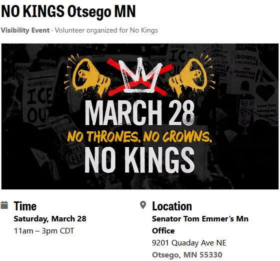 Protest at Tom Emmer's office, Otsego, for No Kings! on March 28