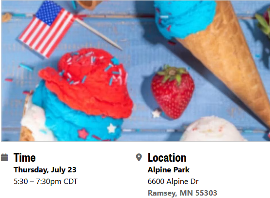 Ice Cream Social - Alpine Park, 6600 Alpine Dr NW, Ramsey